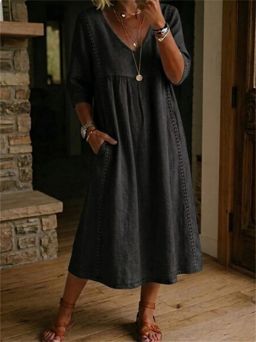 Robe longue à manches mi-longues, plissée, en dentelle et patchwork, sobre pour femme