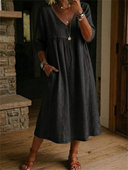 Robe longue à manches mi-longues, plissée, en dentelle et patchwork, sobre pour femme