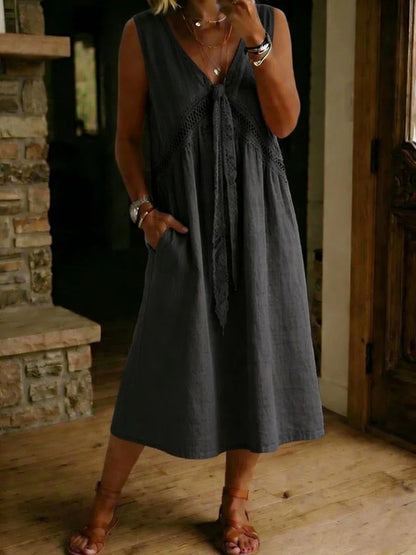 Robe mi-longue sans manches vintage en dentelle, à lacets pour femme