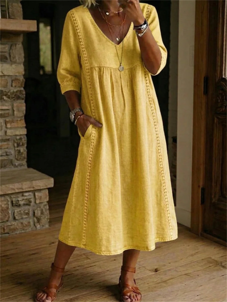 Robe longue à manches mi-longues, plissée, en dentelle et patchwork, sobre pour femme