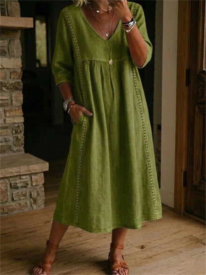 Robe longue à manches mi-longues, plissée, en dentelle et patchwork, sobre pour femme