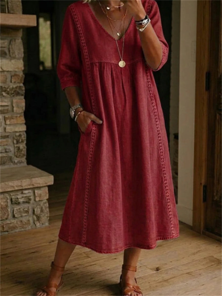 Robe longue à manches mi-longues, plissée, en dentelle et patchwork, sobre pour femme