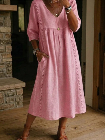 Robe longue à manches mi-longues, plissée, en dentelle et patchwork, sobre pour femme