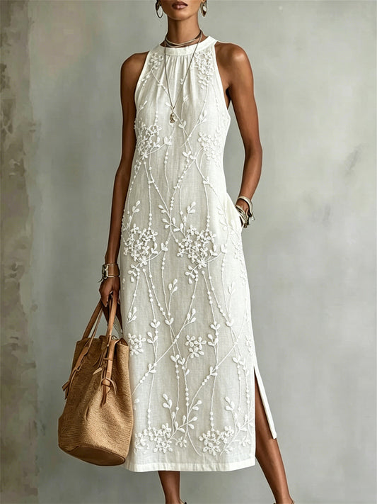 Élégante Vignes Floral Art Print Side Slit Lin Maxi Dress Femme