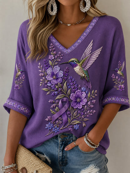 T-shirt à manches mi-longues et col en V pour femmes, imprimé floral violet et colibri, soutien à la sensibilisation à la maladie d’Alzheimer