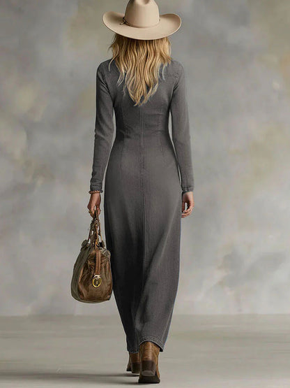 Femmes Vintage Denim V-Neck Robes