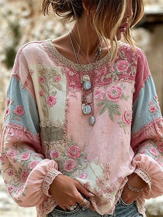 Chemise Femme Vintage Boho Floral Colorblock Imprimé Coton-Lin