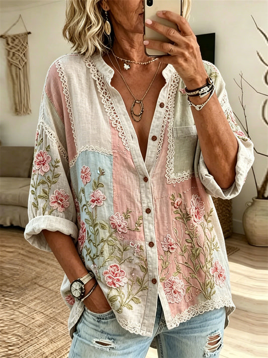 Chemisier à imprimé floral rose Vintage Cottagecore pour femme