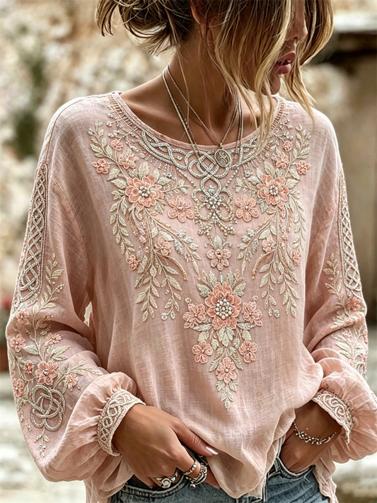 Chemise Femme Classique Rose Florale Viking Celtique Noeud Imprimé Coton-Lin