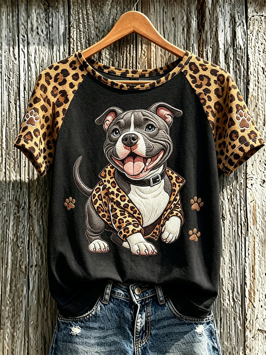 T-shirt décontracté imprimé à motif de chien imprimé léopard rétro pour femme