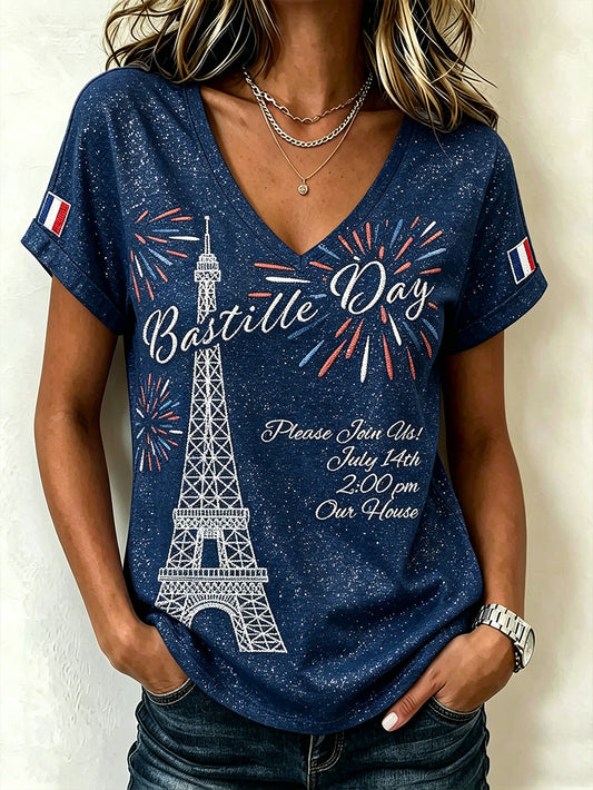 T-shirt femme à manches courtes imprimé à motifs français