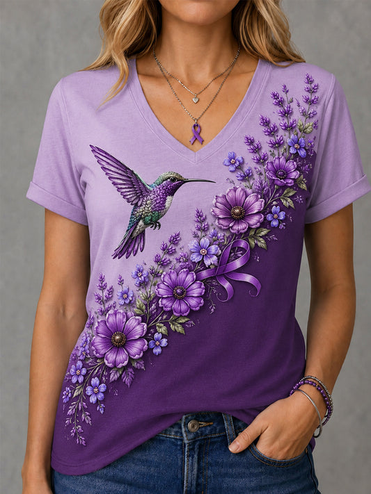 T-shirt à col en V pour femmes, imprimé floral violet et colibris, en soutien à la sensibilisation à la maladie d’Alzheimer