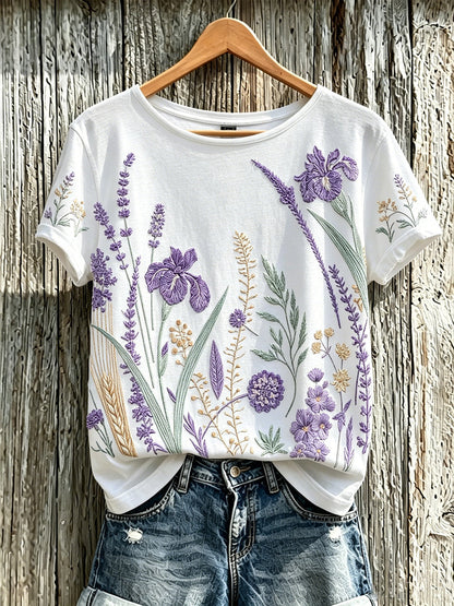 T-shirt décontracté pour femme à imprimé fleurs violette sur fond de plantes