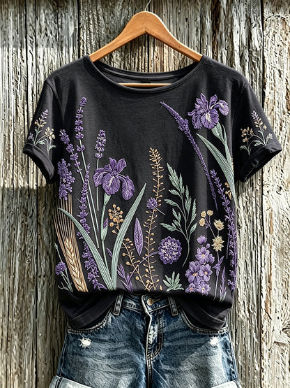 T-shirt décontracté pour femme à imprimé fleurs violette sur fond de plantes