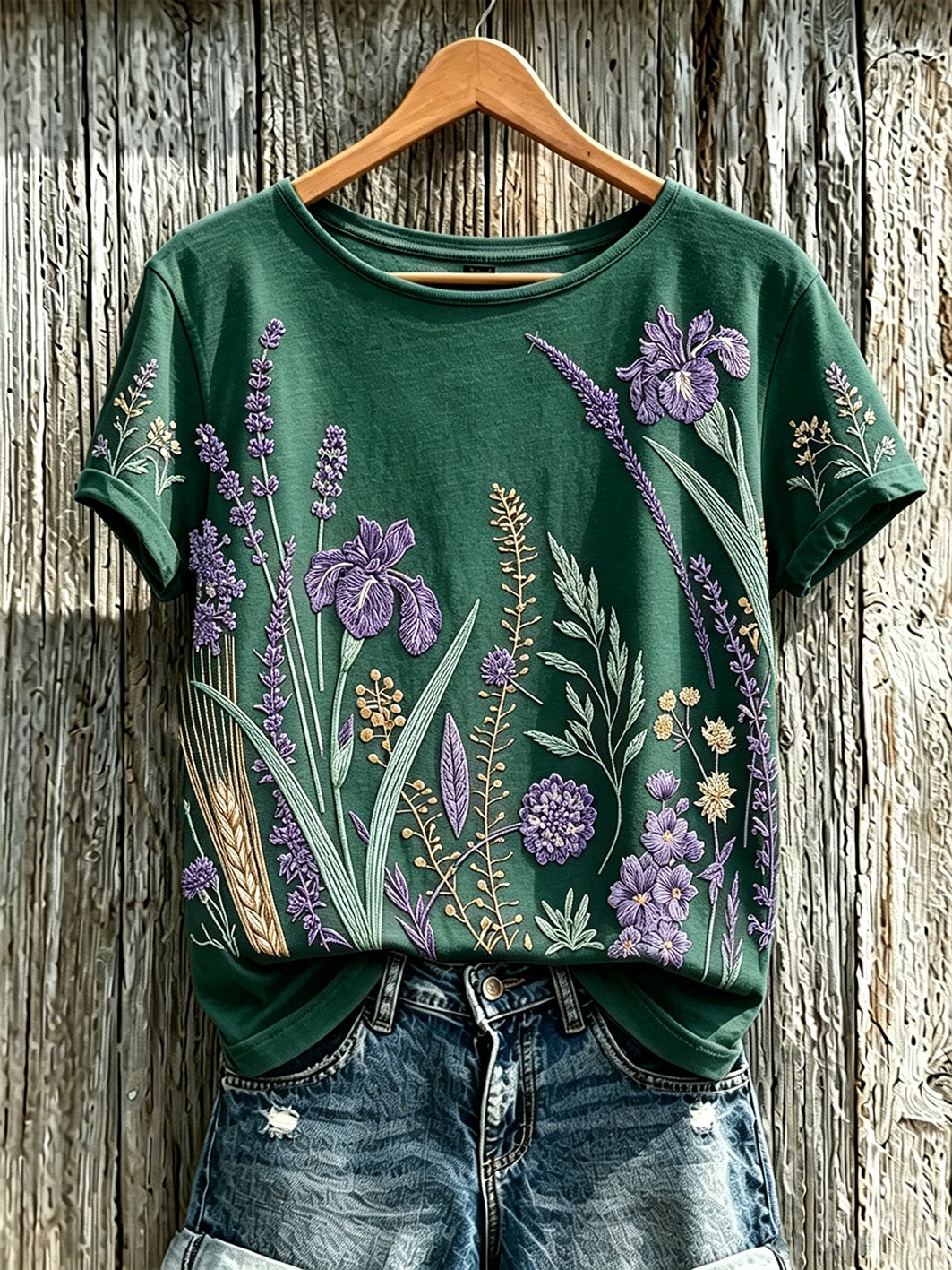 T-shirt décontracté pour femme à imprimé fleurs violette sur fond de plantes
