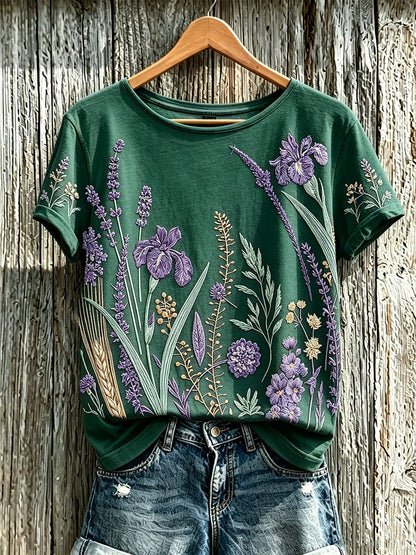 T-shirt décontracté pour femme à imprimé fleurs violette sur fond de plantes