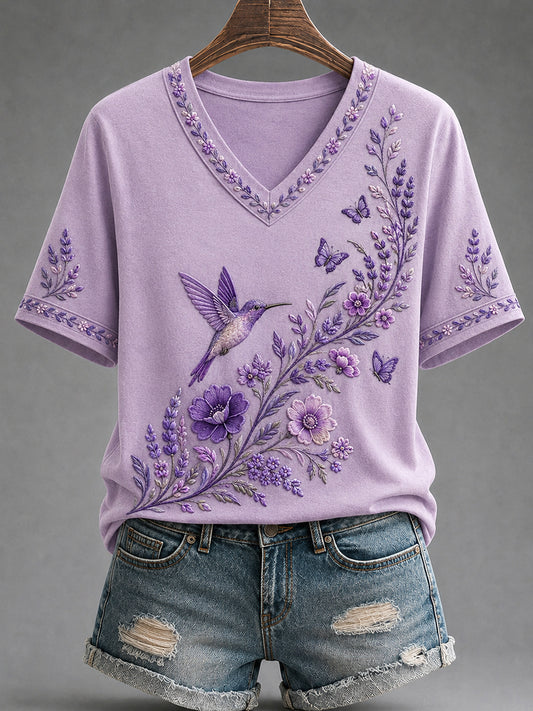 T-shirt à col en V pour femmes, imprimé floral violet et colibris, en soutien à la sensibilisation à la maladie d’Alzheimer