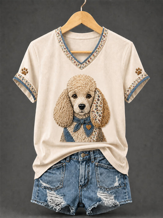 T-shirt rétro à col en V, patchwork et imprimé chien pour femme