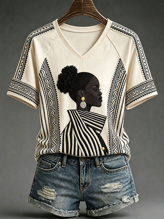 T-shirts noirs à col en V pour femmes, ornés d’œuvres d’art