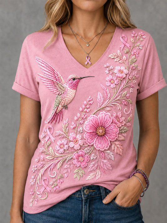 Femme Rose Floral & Colibri Imprimer Cancer Du Sein Soutien V-Neck Tee