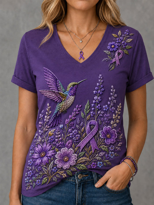 T-shirt à col en V pour femmes, imprimé floral violet et colibris, en soutien à la sensibilisation à la maladie d’Alzheimer