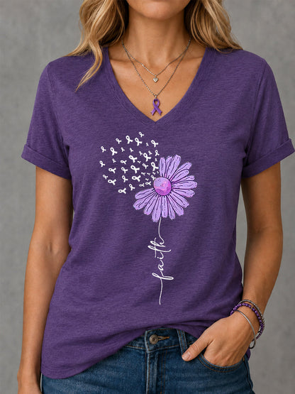 Femmes Violet Ruban Tournesol Foi Imprimer Alzheimer Sensibilisation Soutien V-Neck Tee