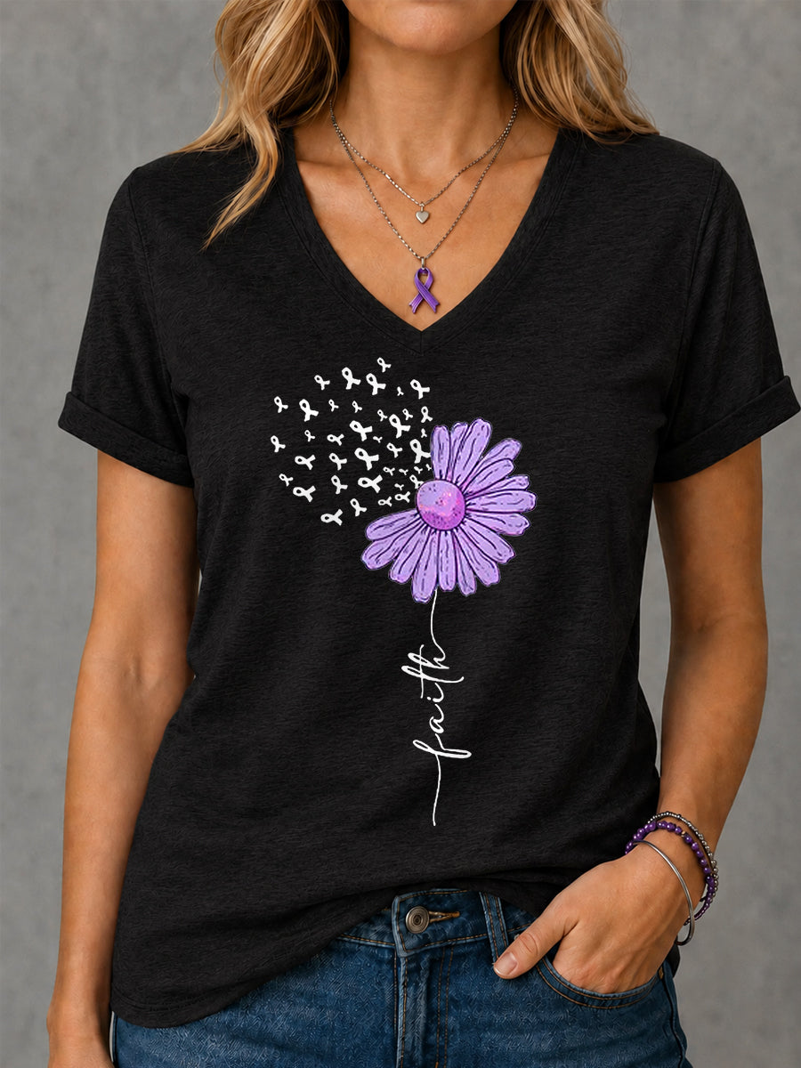 Femmes Violet Ruban Tournesol Foi Imprimer Alzheimer Sensibilisation Soutien V-Neck Tee