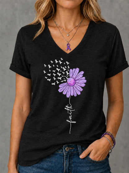 Femmes Violet Ruban Tournesol Foi Imprimer Alzheimer Sensibilisation Soutien V-Neck Tee