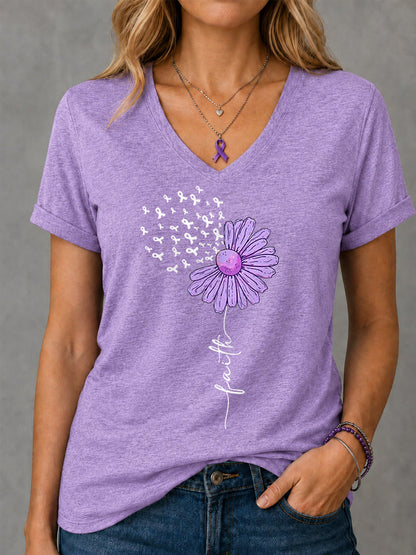 Femmes Violet Ruban Tournesol Foi Imprimer Alzheimer Sensibilisation Soutien V-Neck Tee