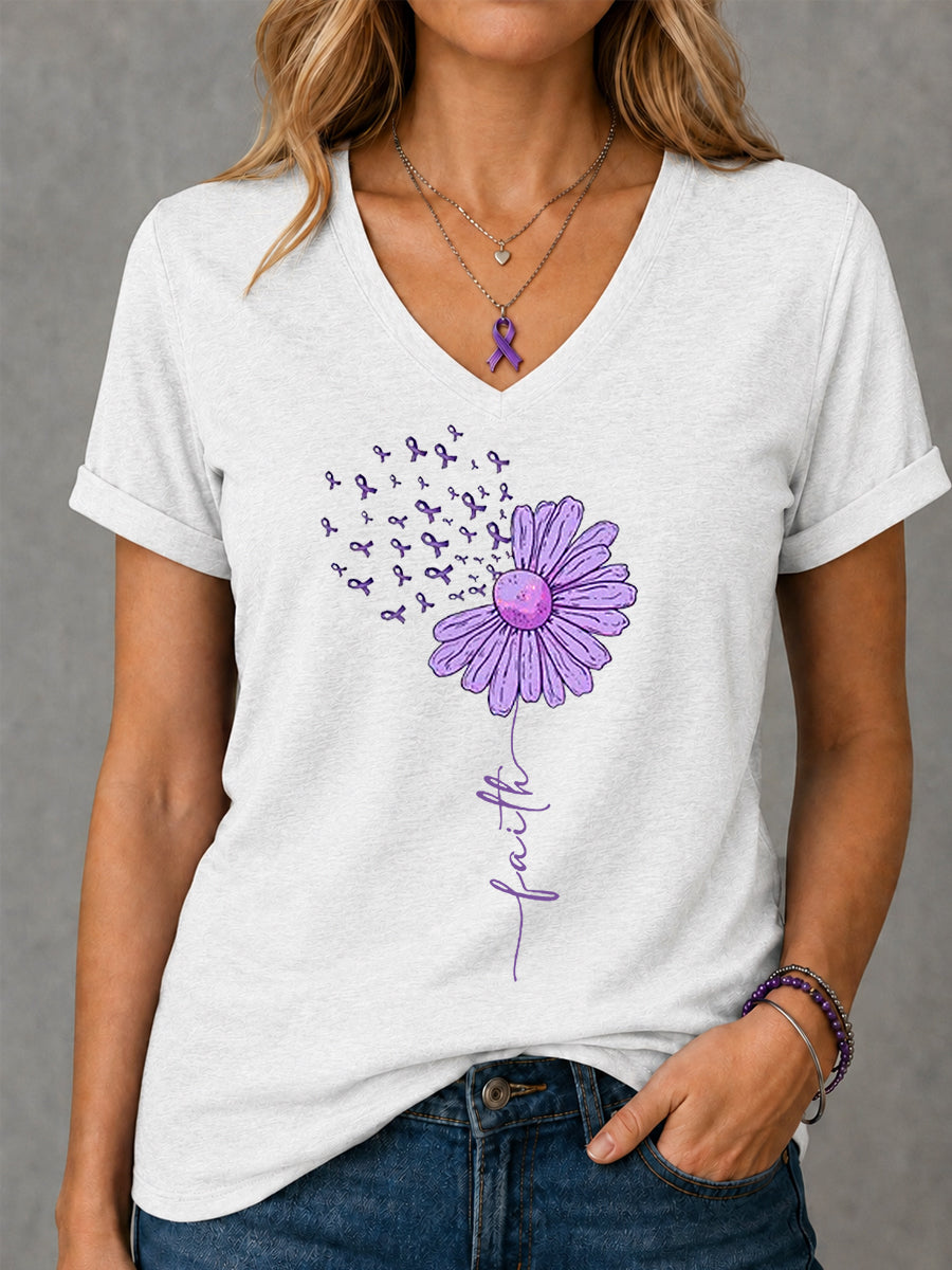 Femmes Violet Ruban Tournesol Foi Imprimer Alzheimer Sensibilisation Soutien V-Neck Tee