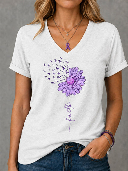 Femmes Violet Ruban Tournesol Foi Imprimer Alzheimer Sensibilisation Soutien V-Neck Tee