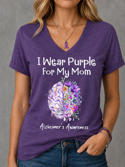 T-shirt à col en V pour femme I Wear Purple For My Mom imprimé floral Alzheimer's Awareness Support