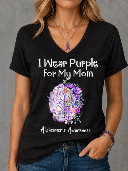 T-shirt à col en V pour femme I Wear Purple For My Mom imprimé floral Alzheimer's Awareness Support