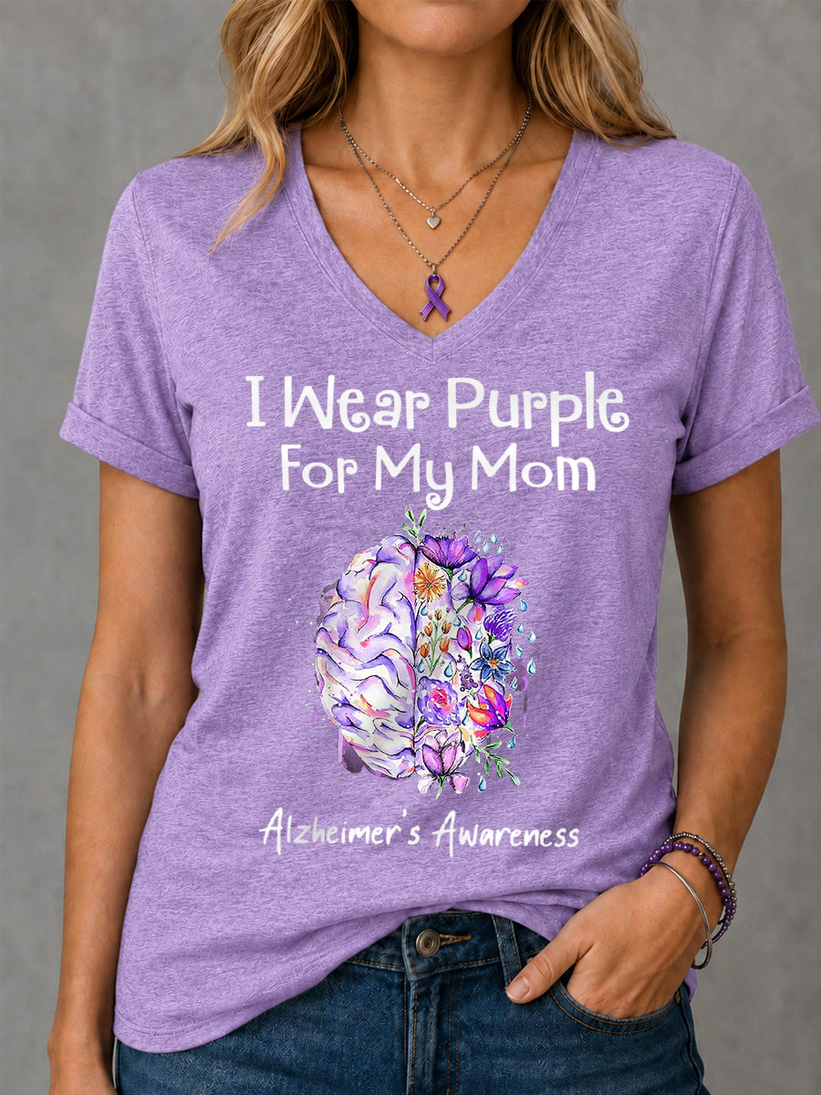 T-shirt à col en V pour femme I Wear Purple For My Mom imprimé floral Alzheimer's Awareness Support