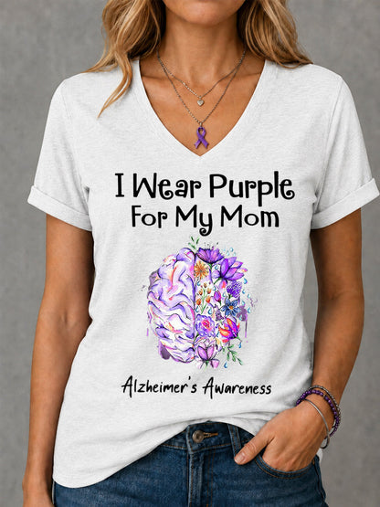 T-shirt à col en V pour femme I Wear Purple For My Mom imprimé floral Alzheimer's Awareness Support