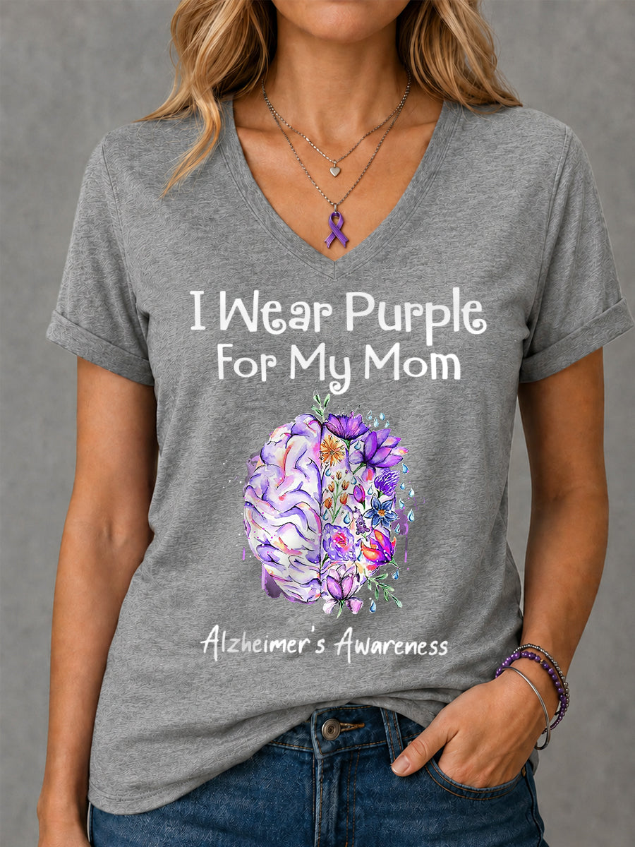 T-shirt à col en V pour femme I Wear Purple For My Mom imprimé floral Alzheimer's Awareness Support