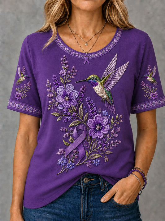 T-shirt de soutien à la sensibilisation à la maladie d’Alzheimer pour femmes, imprimé floral violet et colibris