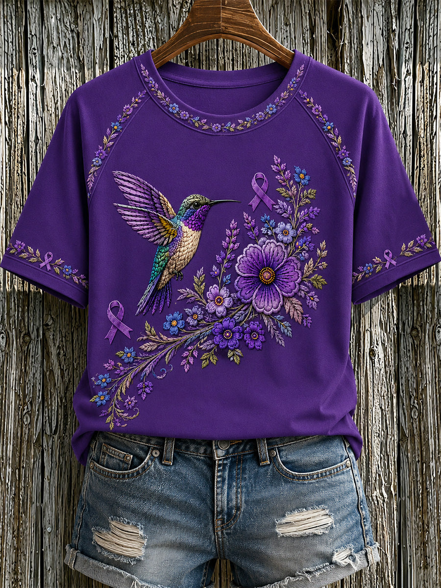T-shirt de soutien à la sensibilisation à la maladie d’Alzheimer pour femmes, imprimé floral violet et colibris