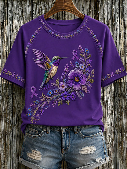 T-shirt de soutien à la sensibilisation à la maladie d’Alzheimer pour femmes, imprimé floral violet et colibris
