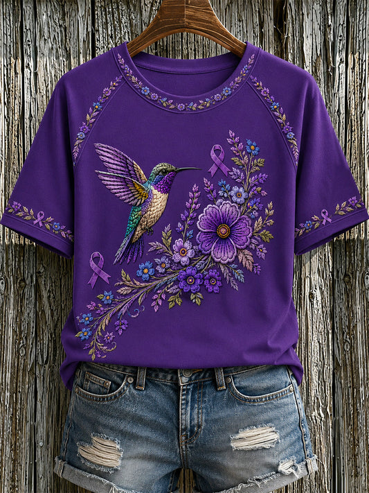 T-shirt de soutien à la sensibilisation à la maladie d’Alzheimer pour femmes, imprimé floral violet et colibris