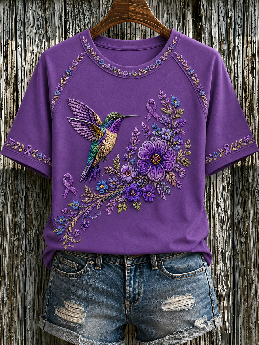 T-shirt de soutien à la sensibilisation à la maladie d’Alzheimer pour femmes, imprimé floral violet et colibris