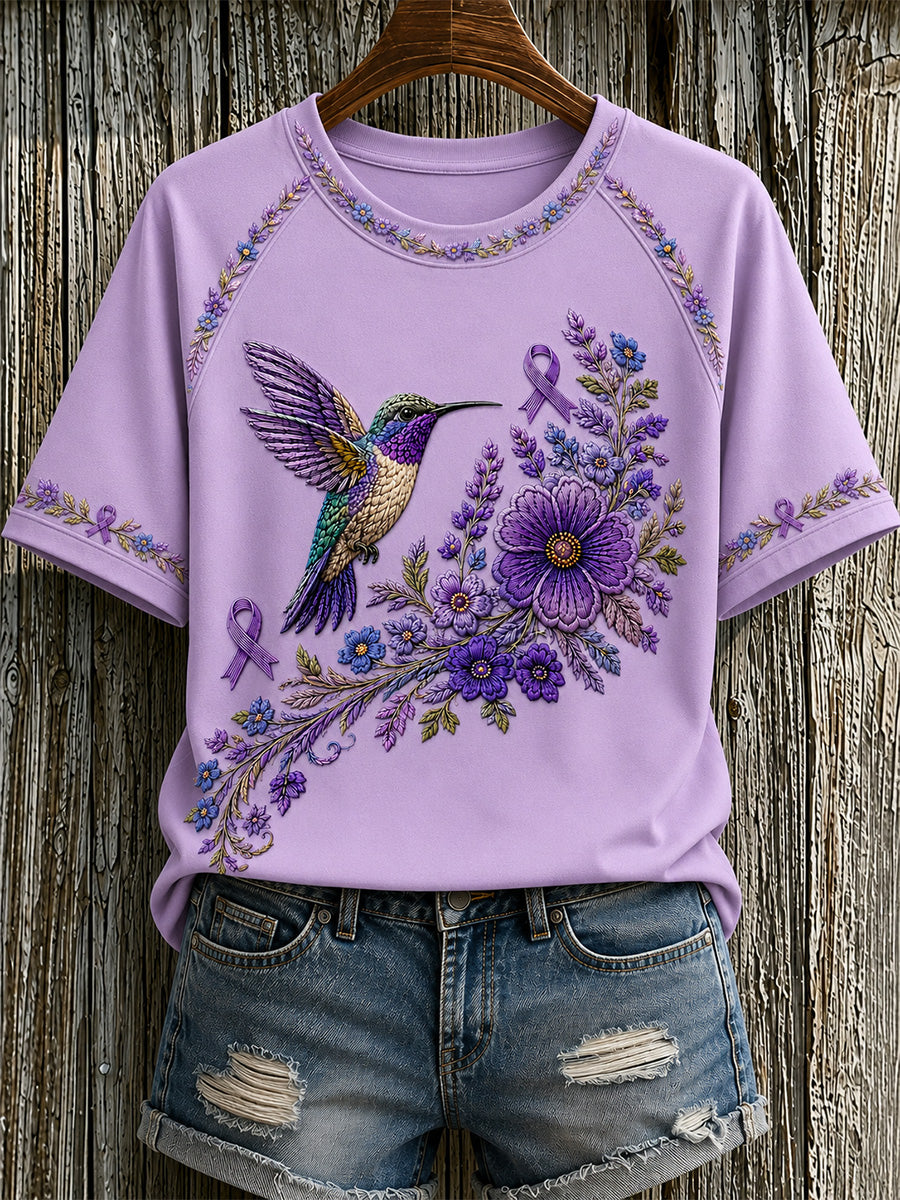 T-shirt de soutien à la sensibilisation à la maladie d’Alzheimer pour femmes, imprimé floral violet et colibris