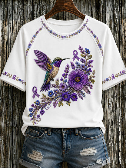 T-shirt de soutien à la sensibilisation à la maladie d’Alzheimer pour femmes, imprimé floral violet et colibris