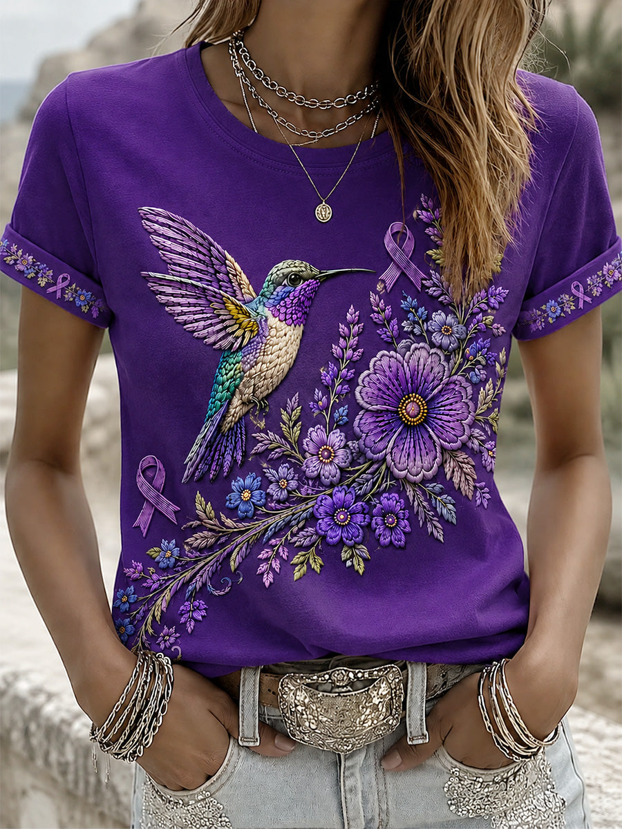 T-shirt de soutien à la sensibilisation à la maladie d’Alzheimer pour femmes, imprimé floral violet et colibris