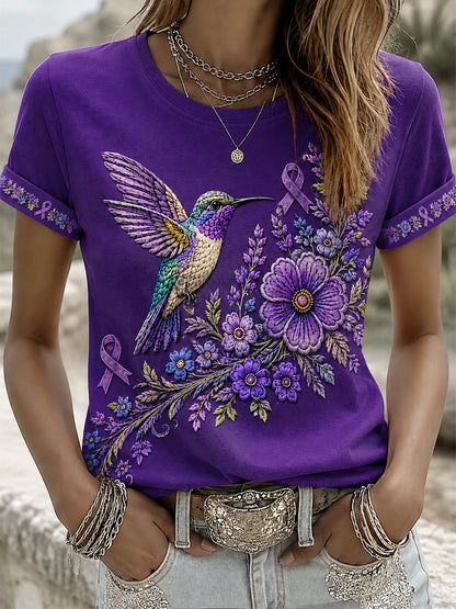 T-shirt de soutien à la sensibilisation à la maladie d’Alzheimer pour femmes, imprimé floral violet et colibris