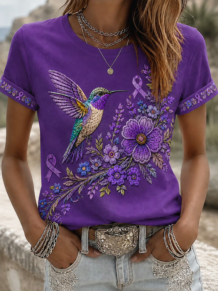 T-shirt de soutien à la sensibilisation à la maladie d’Alzheimer pour femmes, imprimé floral violet et colibris