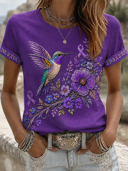 T-shirt de soutien à la sensibilisation à la maladie d’Alzheimer pour femmes, imprimé floral violet et colibris
