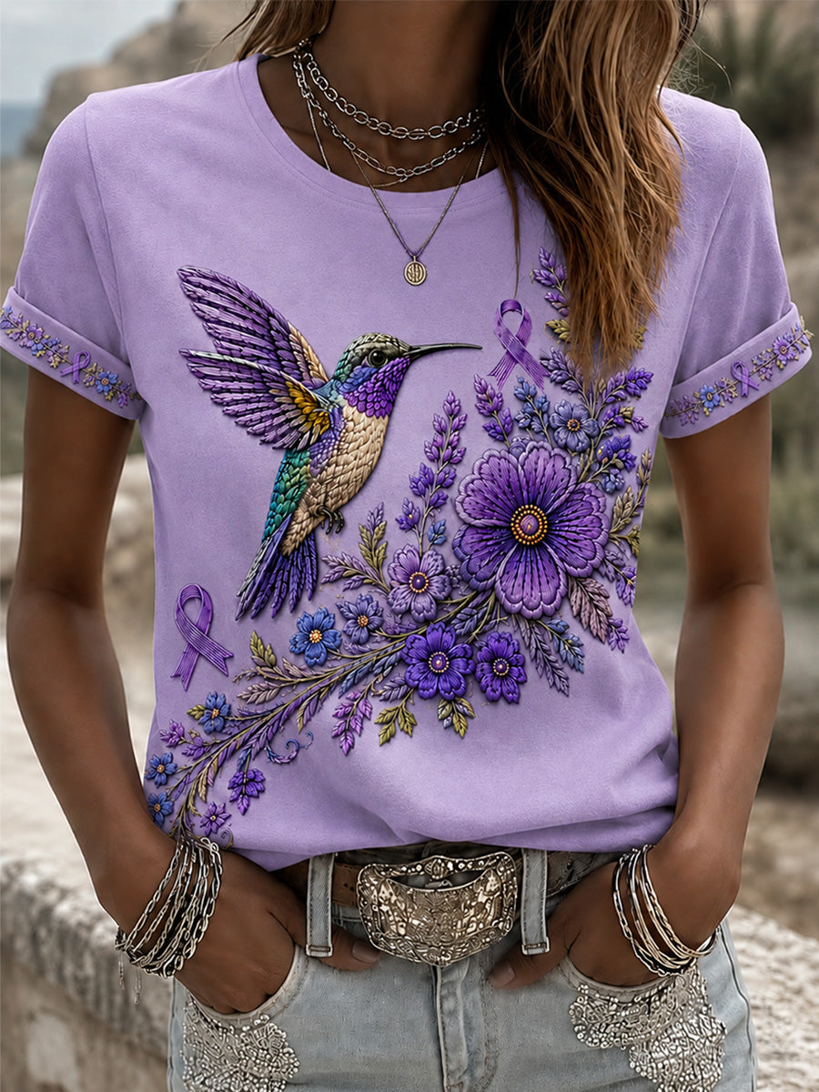 T-shirt de soutien à la sensibilisation à la maladie d’Alzheimer pour femmes, imprimé floral violet et colibris