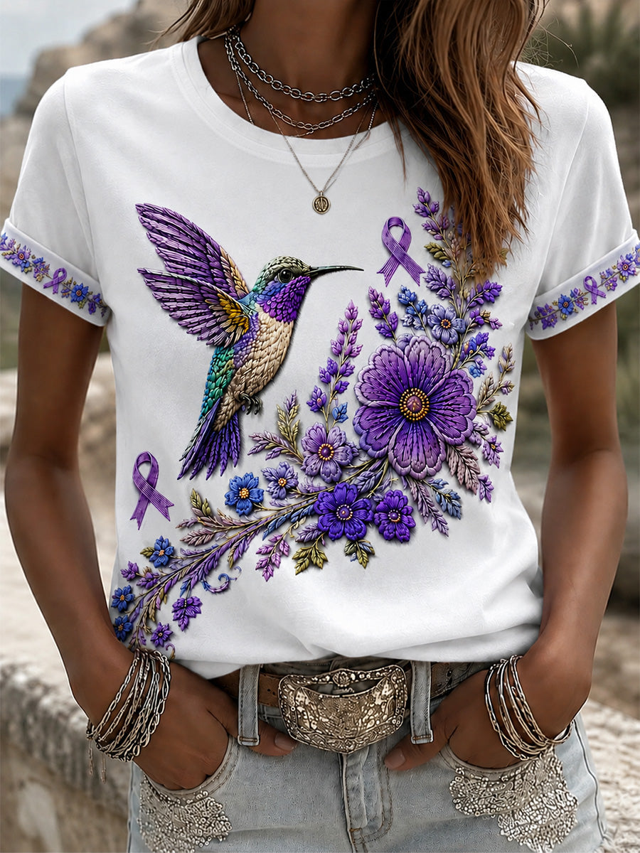T-shirt de soutien à la sensibilisation à la maladie d’Alzheimer pour femmes, imprimé floral violet et colibris
