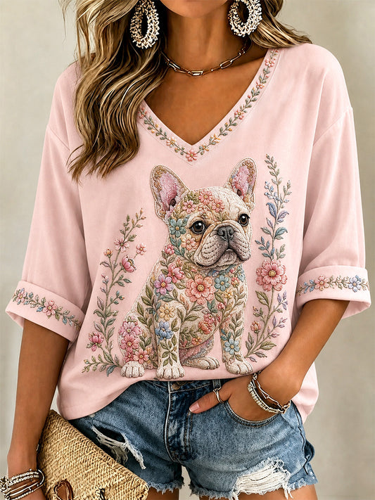 T-shirt décontracté à col en V et imprimé floral pour femmes